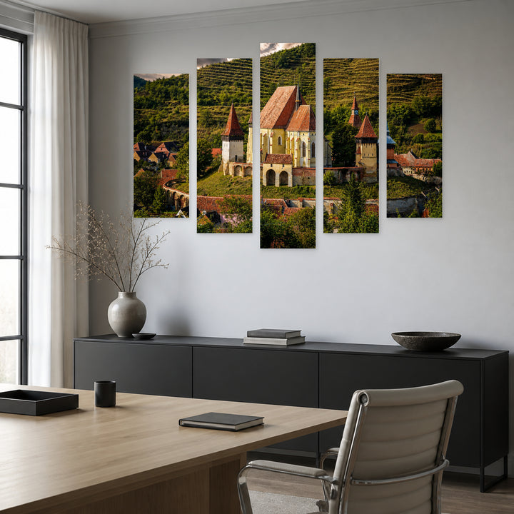 Medieval Architecture of Biertan with Dramatic Contrast — five-panel wall art in frontal interior | 5wallart 52570 M3