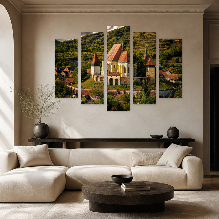 Medieval Architecture of Biertan with Dramatic Contrast — five-panel wall art in alternate frontal interior | 5wallart 52570 M4