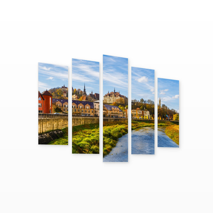 Sighișoara City Landscape in Vivid Color — five-panel wall art on white background in perspective | 5wallart 52571 M1