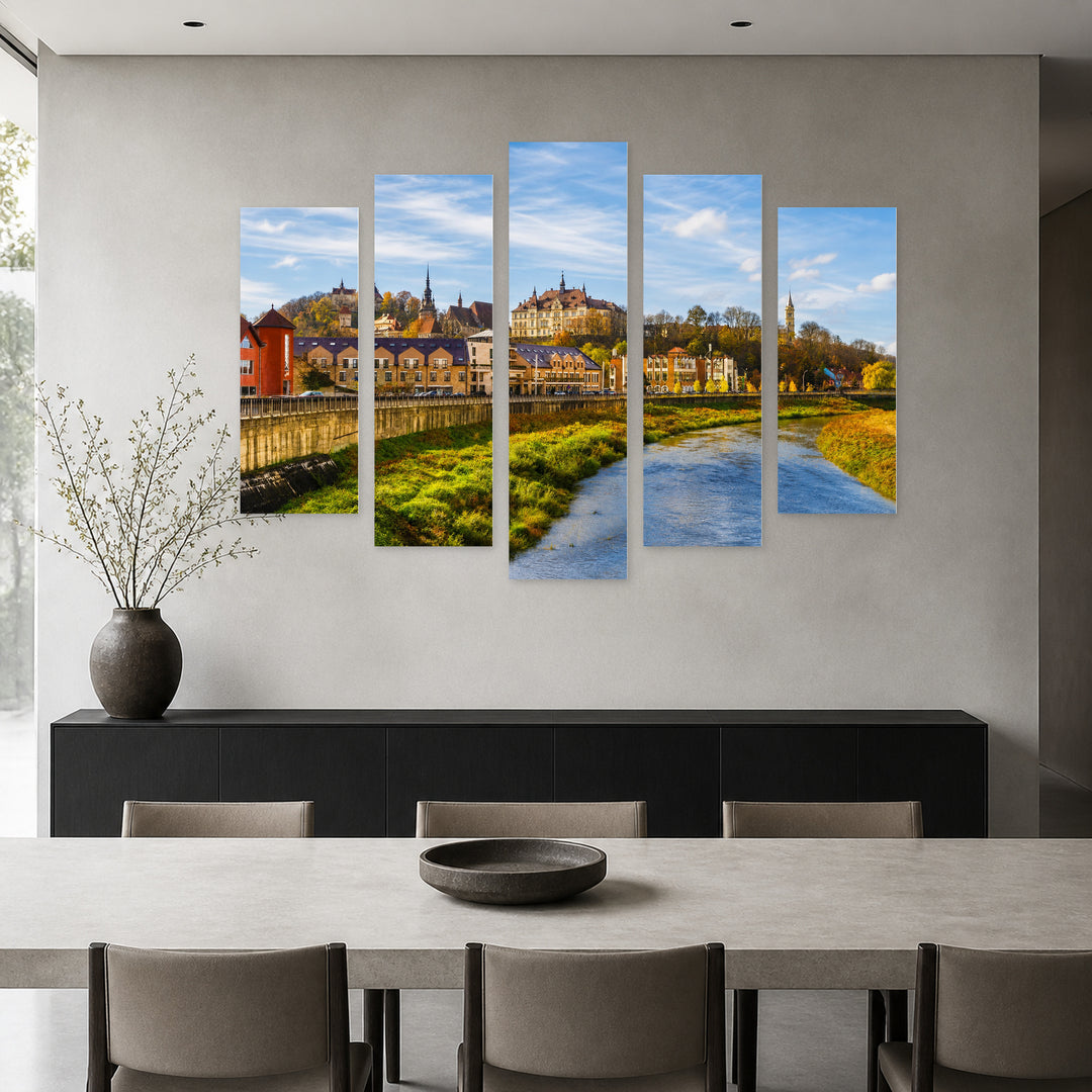 Sighișoara City Landscape in Vivid Color — five-panel wall art in alternate frontal interior | 5wallart 52571 M4