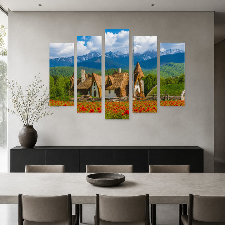 Clay Castle in the Valley with Dreamlike Atmosphere — five-panel wall art in frontal interior | 5wallart 52572 M3