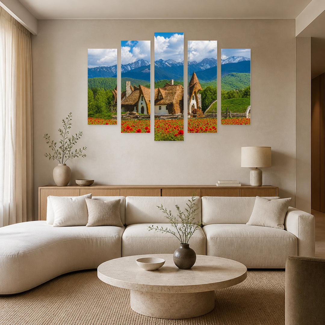 Clay Castle in the Valley with Dreamlike Atmosphere — five-panel wall art in alternate frontal interior | 5wallart 52572 M4