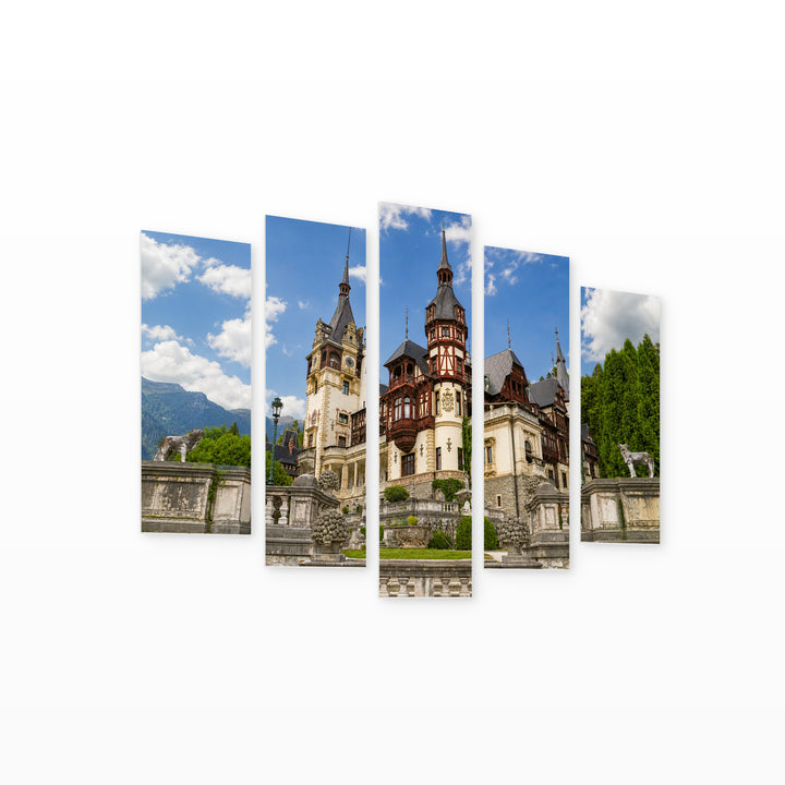 Peleș Castle, Romania in Serene Light — five-panel wall art on white background in perspective | 5wallart 52573 M1