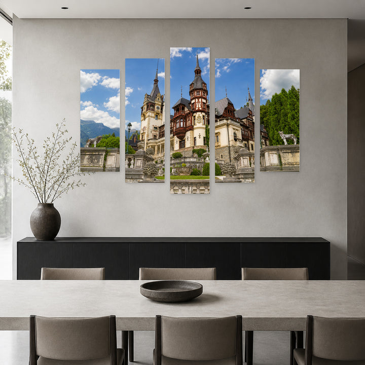 Peleș Castle, Romania in Serene Light — five-panel wall art in alternate frontal interior | 5wallart 52573 M4