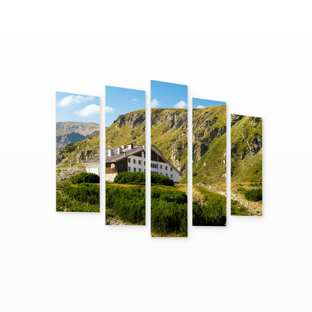 Mountain Landscape in Serene Light — five-panel wall art on white background in perspective | 5wallart 52579 M1