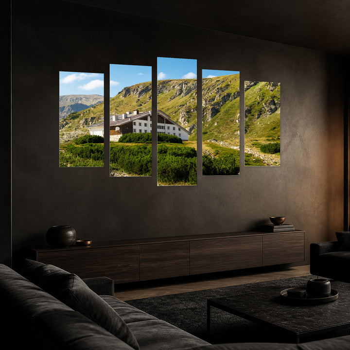 Mountain Landscape in Serene Light — five-panel wall art in perspective interior | 5wallart 52579 M2
