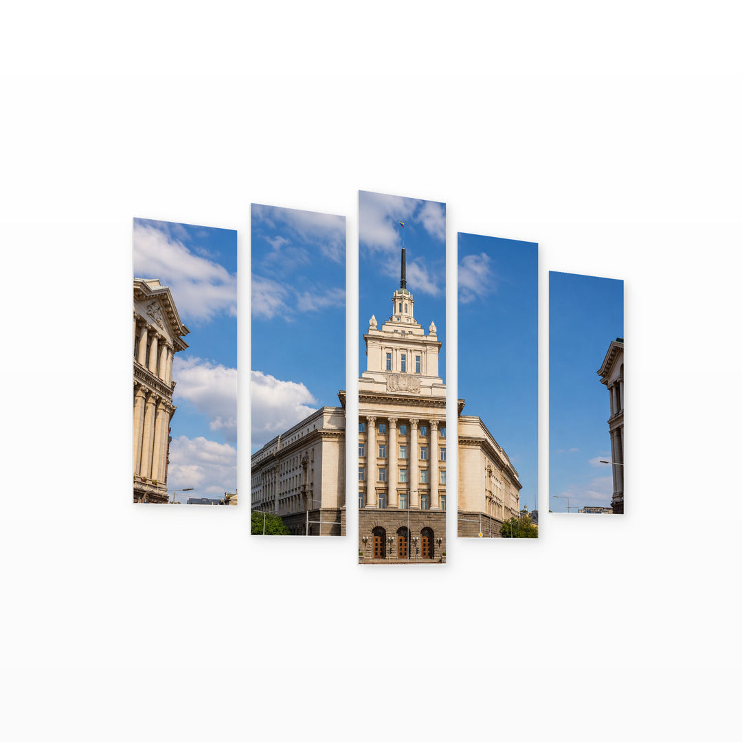 National Assembly Building in Sofia with Geometric Rhythm — five-panel wall art on white background in perspective | 5wallart 52580 M1