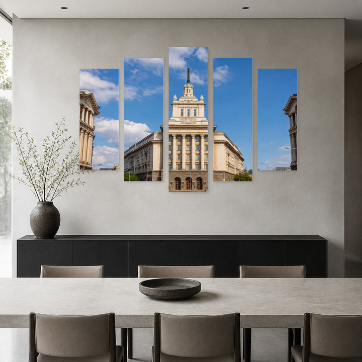 National Assembly Building in Sofia with Geometric Rhythm — five-panel wall art in frontal interior | 5wallart 52580 M3