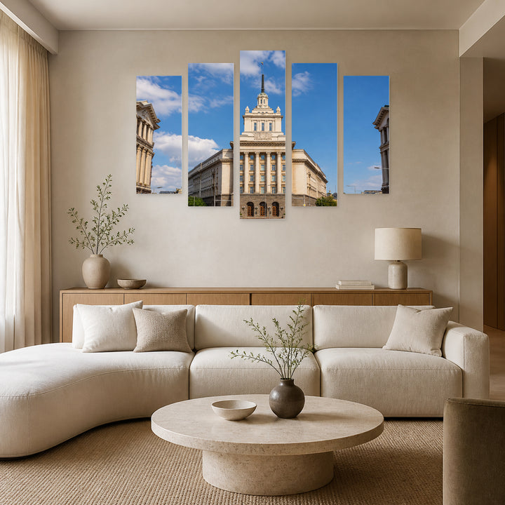 National Assembly Building in Sofia with Geometric Rhythm — five-panel wall art in alternate frontal interior | 5wallart 52580 M4