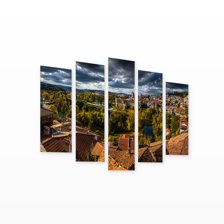 Veliko Tarnovo with Dramatic Contrast — five-panel wall art on white background in perspective | 5wallart 52581 M1