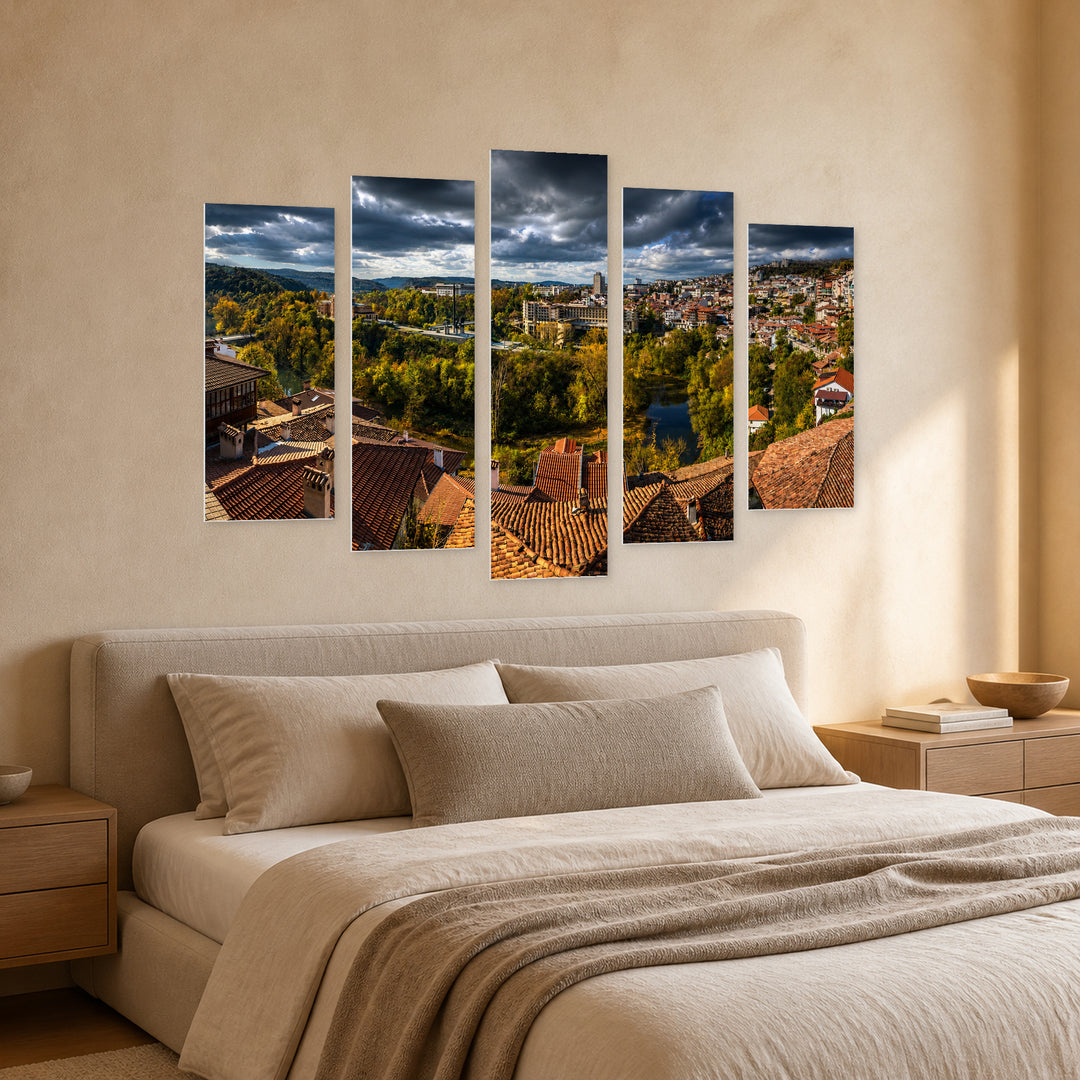 Veliko Tarnovo with Dramatic Contrast — five-panel wall art in perspective interior | 5wallart 52581 M2