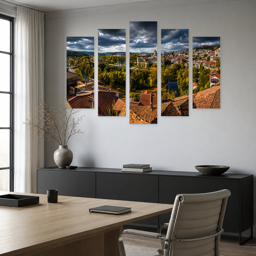 Veliko Tarnovo with Dramatic Contrast — five-panel wall art in alternate frontal interior | 5wallart 52581 M4