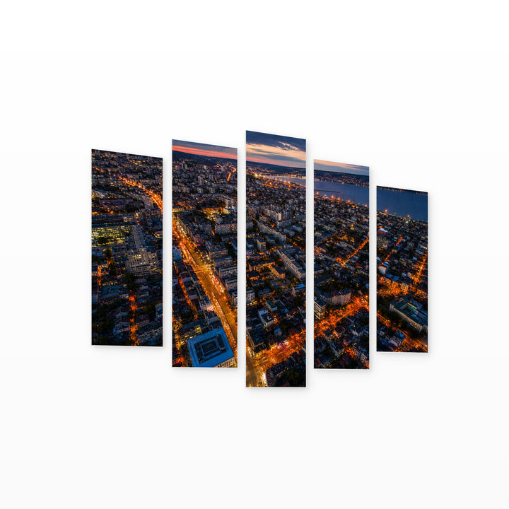Night Landscape of Varna with Dreamlike Atmosphere — five-panel wall art on white background in perspective | 5wallart 52583 M1