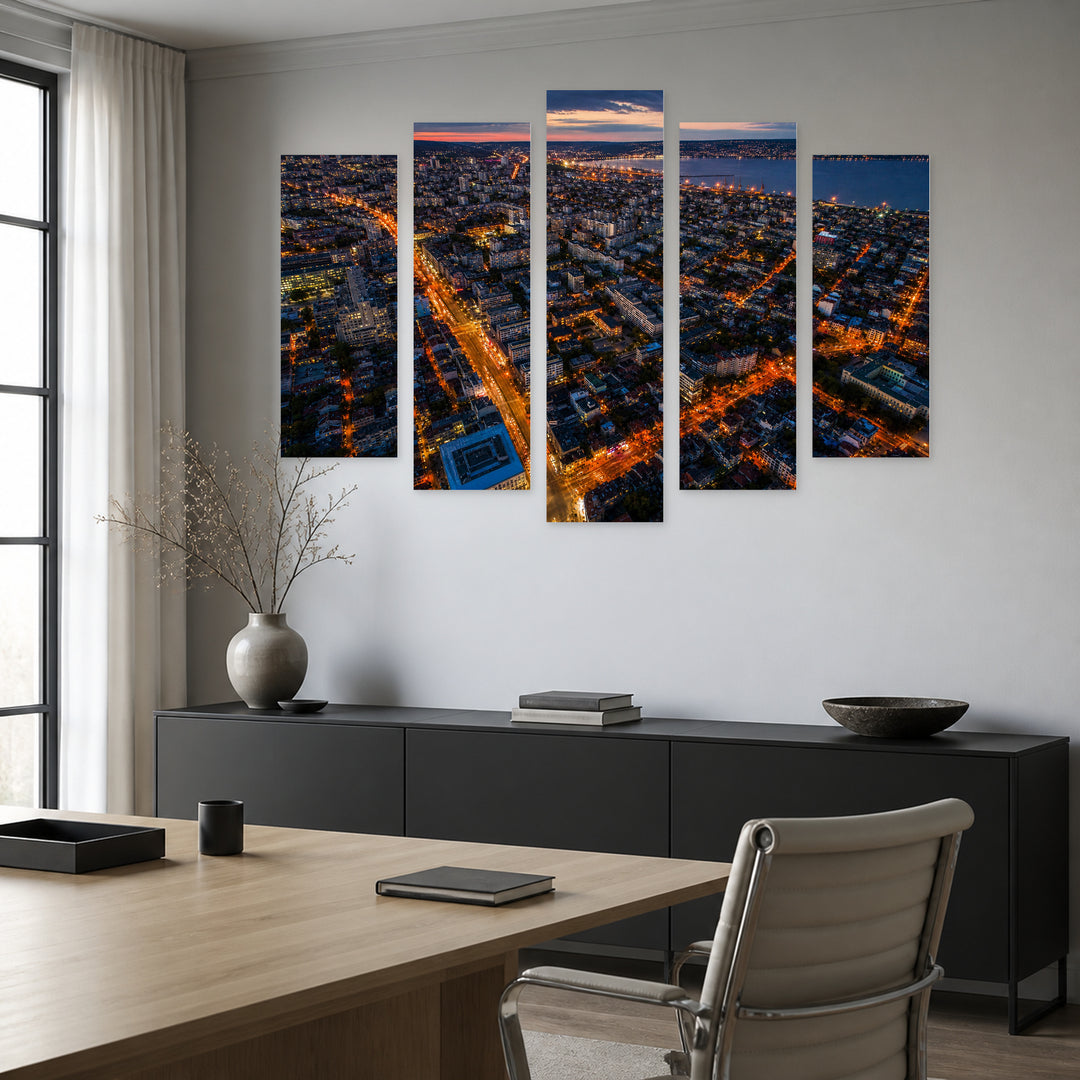 Night Landscape of Varna with Dreamlike Atmosphere — five-panel wall art in alternate frontal interior | 5wallart 52583 M4