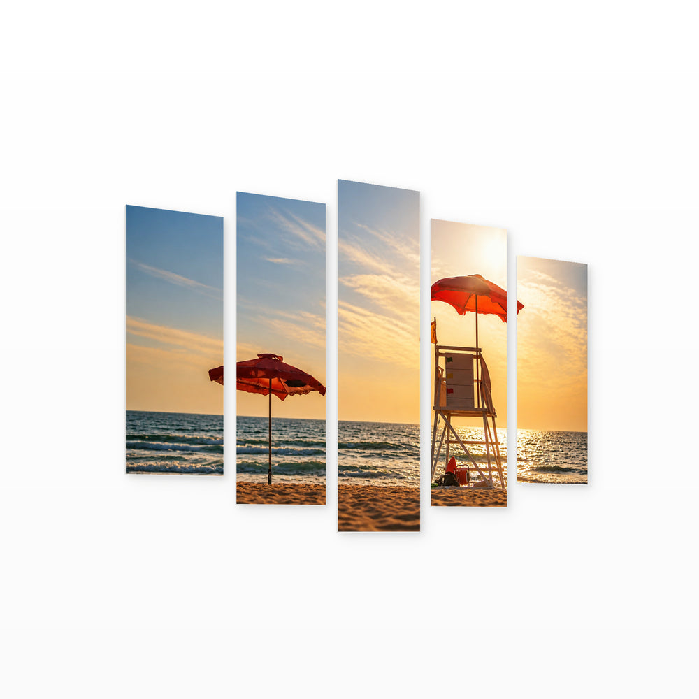 Varna Beach in Blue and Gold — five-panel wall art on white background in perspective | 5wallart 52584 M1