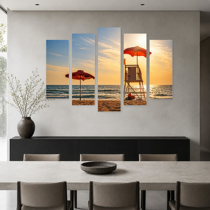 Varna Beach in Blue and Gold — five-panel wall art in frontal interior | 5wallart 52584 M3