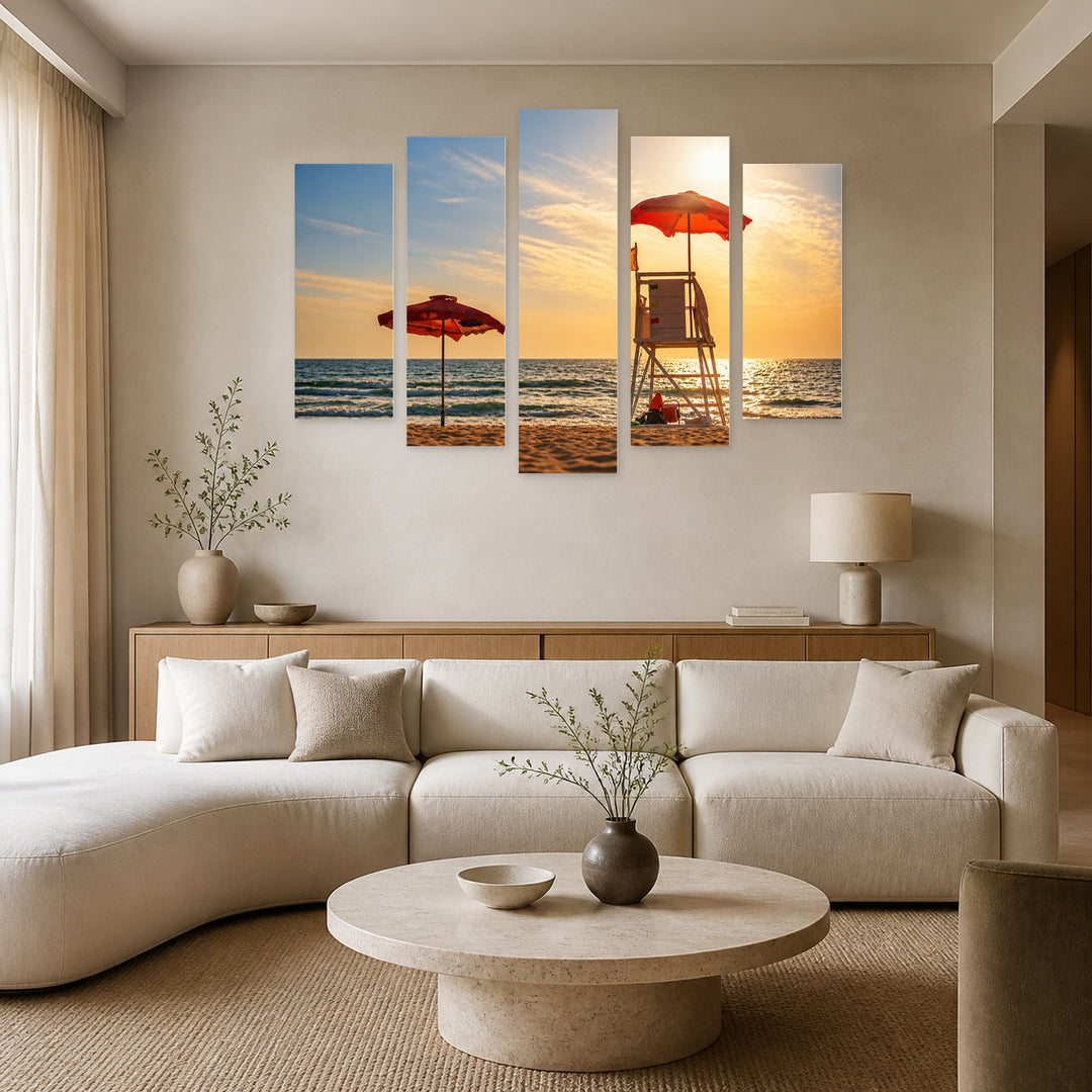 Varna Beach in Blue and Gold — five-panel wall art in alternate frontal interior | 5wallart 52584 M4