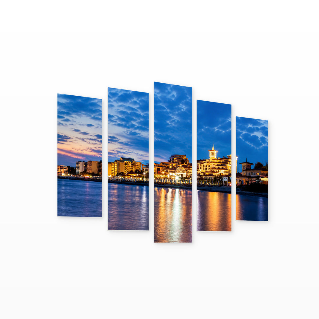 Hotels in Sunny Beach in Blue and Gold — five-panel wall art on white background in perspective | 5wallart 52585 M1