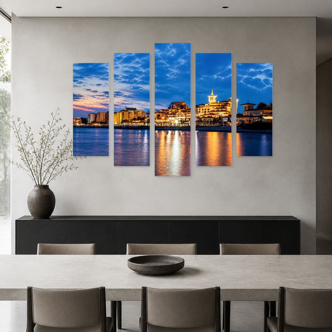 Hotels in Sunny Beach in Blue and Gold — five-panel wall art in alternate frontal interior | 5wallart 52585 M4