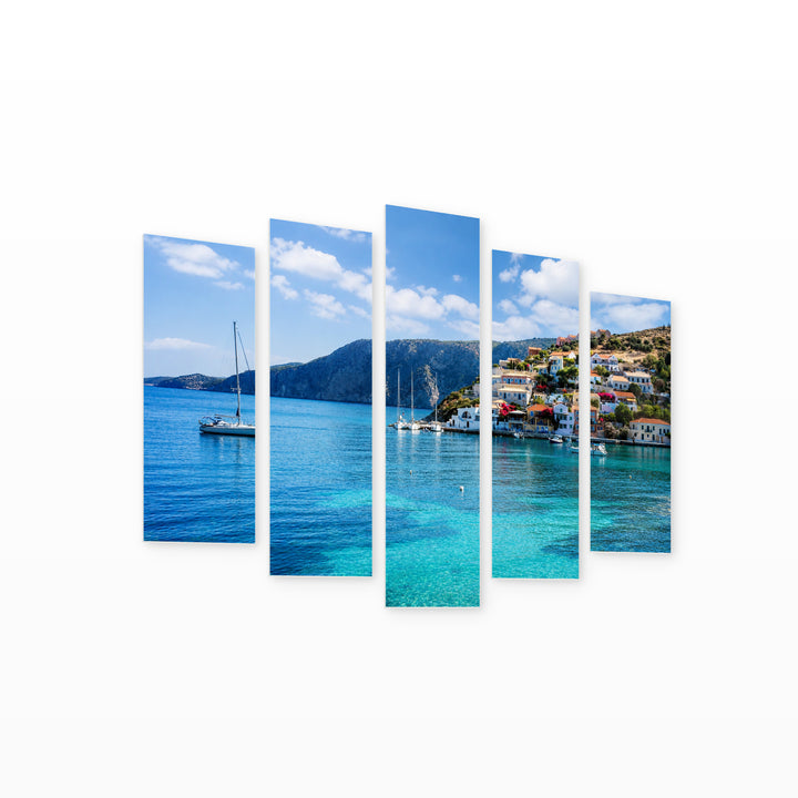 Panoramic View of Beautiful Lefkada in Serene Light — five-panel wall art on white background in perspective | 5wallart 52594 M1