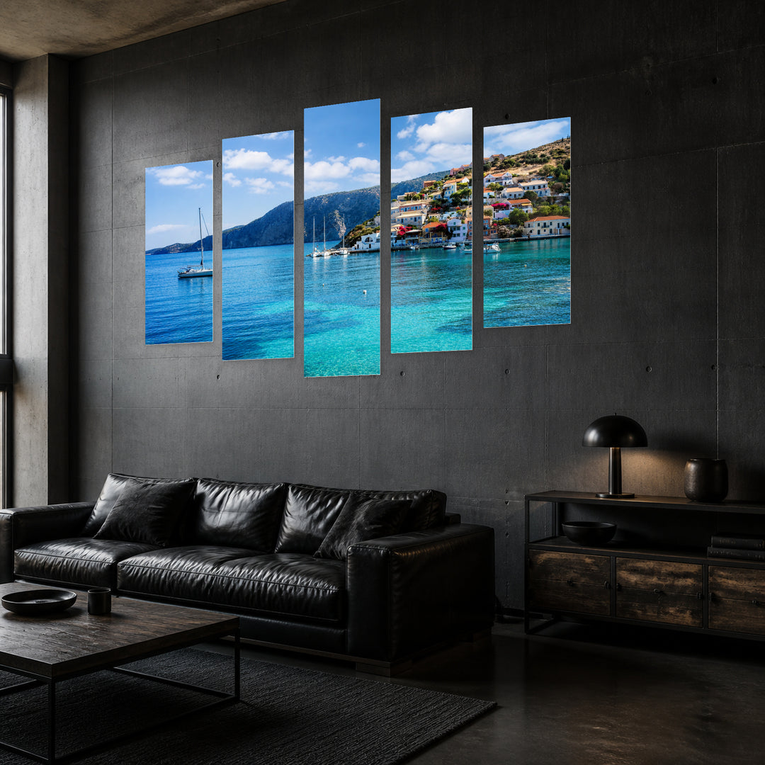 Panoramic View of Beautiful Lefkada in Serene Light — five-panel wall art in perspective interior | 5wallart 52594 M2