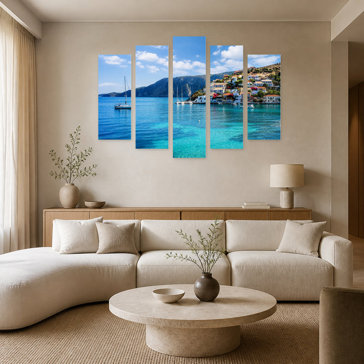 Panoramic View of Beautiful Lefkada in Serene Light — five-panel wall art in alternate frontal interior | 5wallart 52594 M4