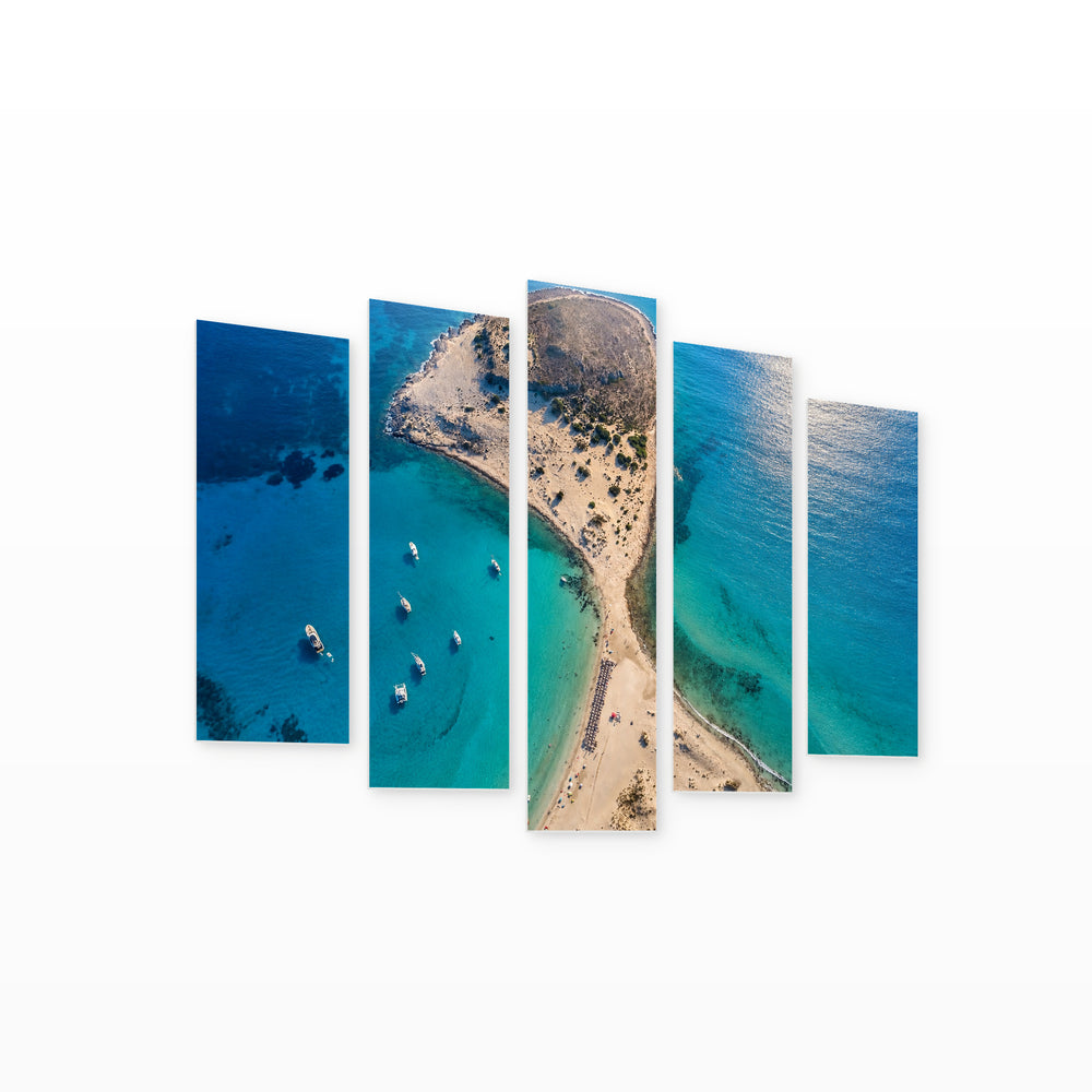 Simos Beach in Serene Light — five-panel wall art on white background in perspective | 5wallart 52596 M1