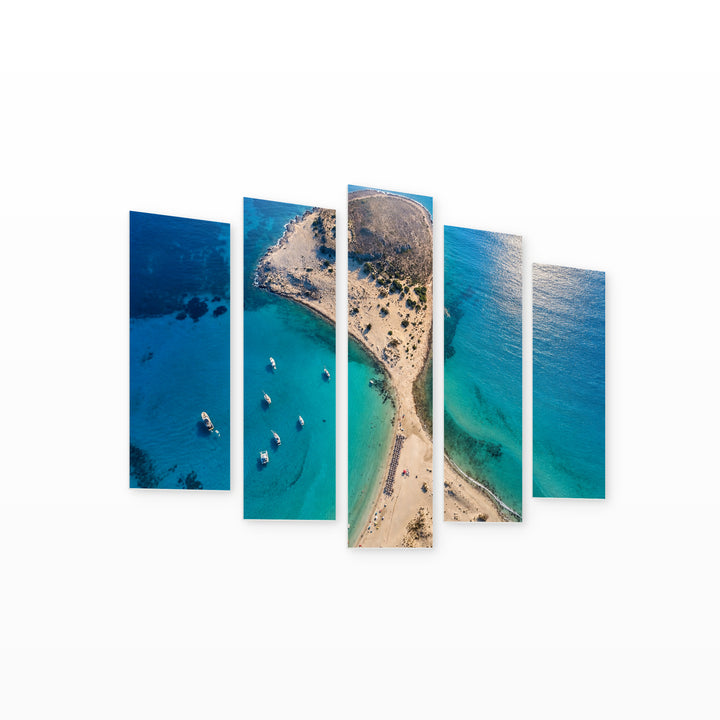 Simos Beach in Serene Light — five-panel wall art on white background in perspective | 5wallart 52596 M1