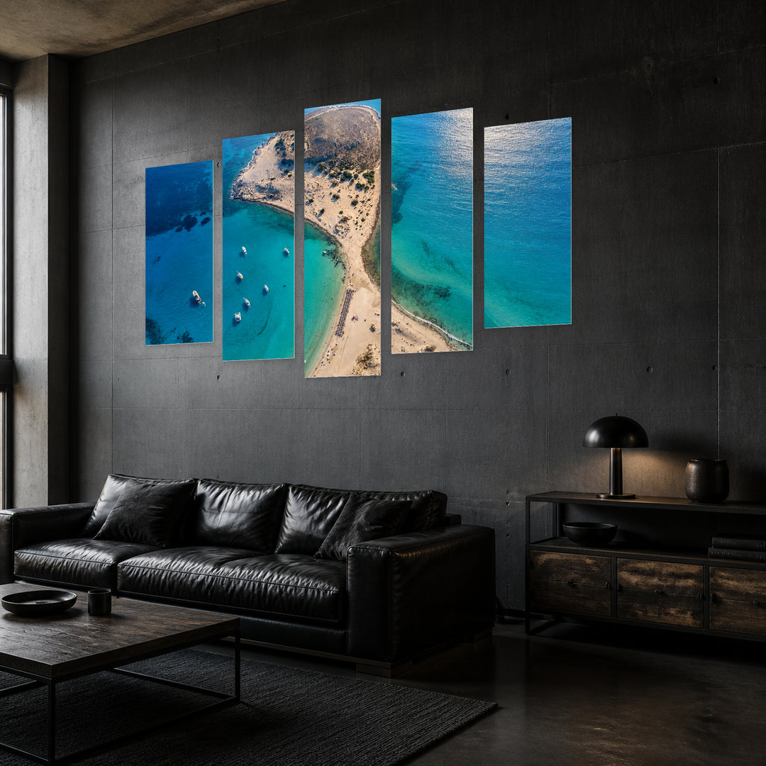 Simos Beach in Serene Light — five-panel wall art in perspective interior | 5wallart 52596 M2