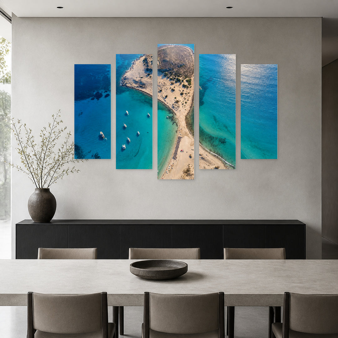 Simos Beach in Serene Light — five-panel wall art in frontal interior | 5wallart 52596 M3