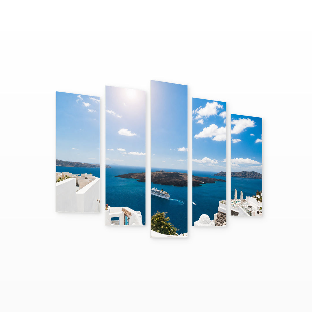 Santorini Island at Golden Sunset — five-panel wall art on white background in perspective | 5wallart 52597 M1