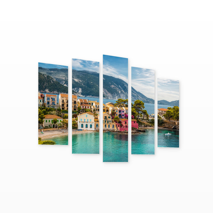 Asos Village with Dreamlike Atmosphere — five-panel wall art on white background in perspective | 5wallart 52598 M1