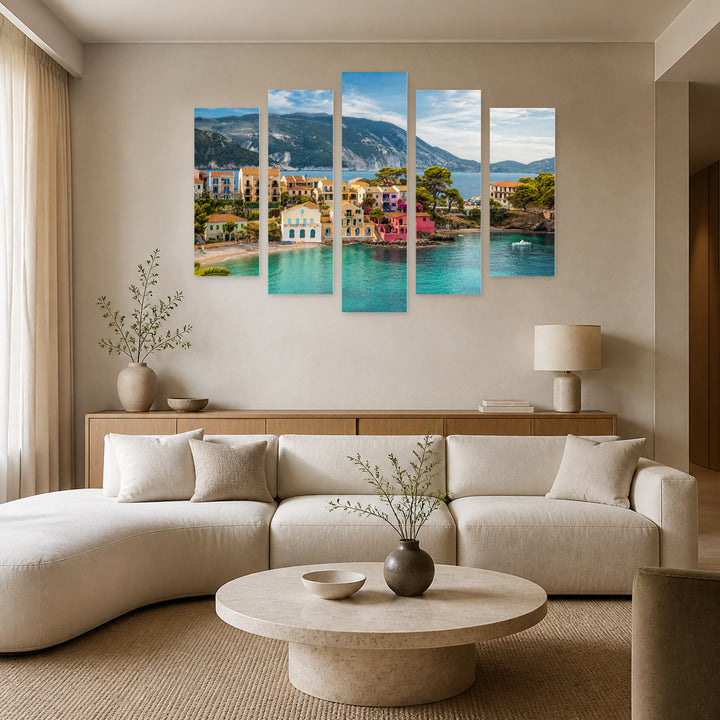 Asos Village with Dreamlike Atmosphere — five-panel wall art in alternate frontal interior | 5wallart 52598 M4