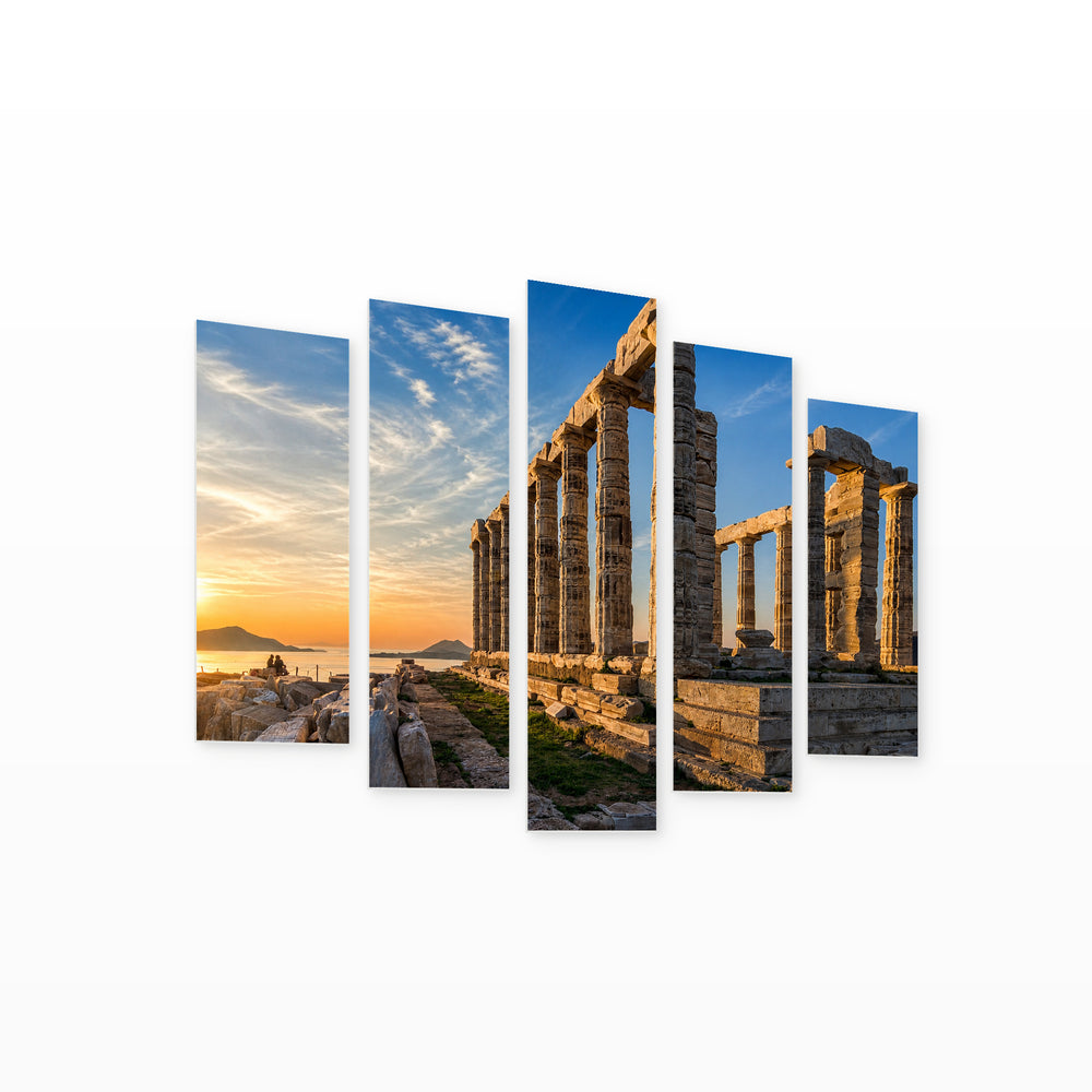 Sounion, Attica in Blue and Gold — five-panel wall art on white background in perspective | 5wallart 52601 M1