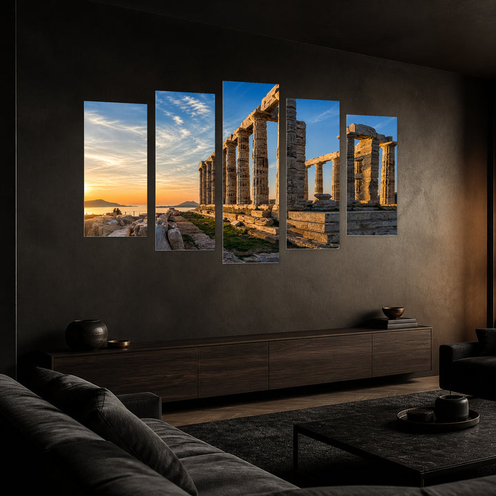 Sounion, Attica in Blue and Gold — five-panel wall art in perspective interior | 5wallart 52601 M2