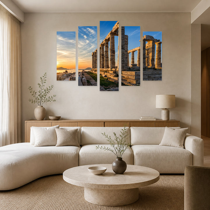Sounion, Attica in Blue and Gold — five-panel wall art in frontal interior | 5wallart 52601 M3