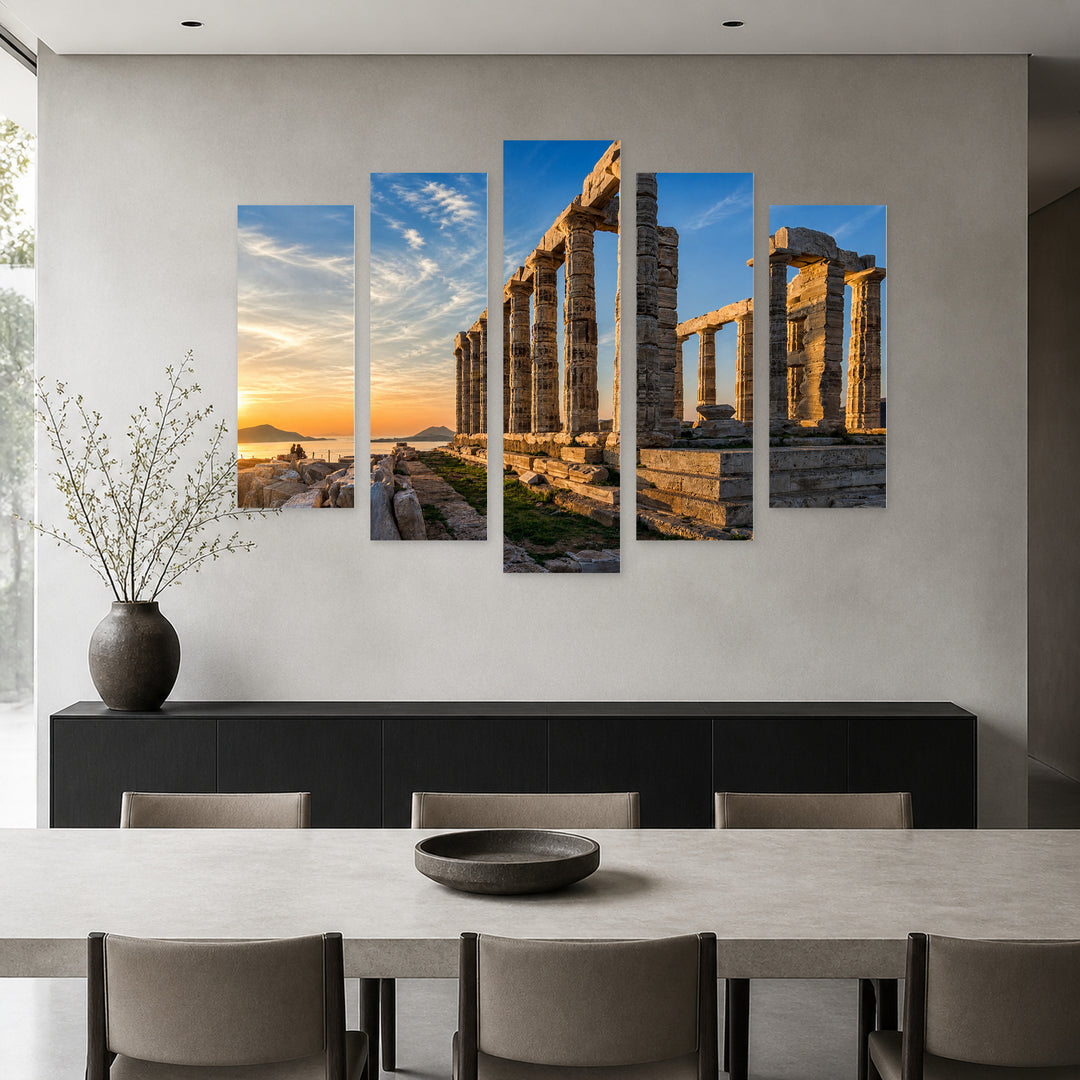 Sounion, Attica in Blue and Gold — five-panel wall art in alternate frontal interior | 5wallart 52601 M4