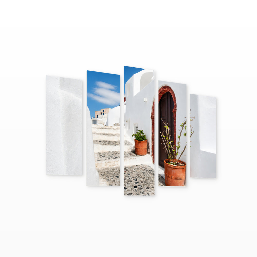 White Walls of Santorini Island with Geometric Rhythm — five-panel wall art on white background in perspective | 5wallart 52607 M1