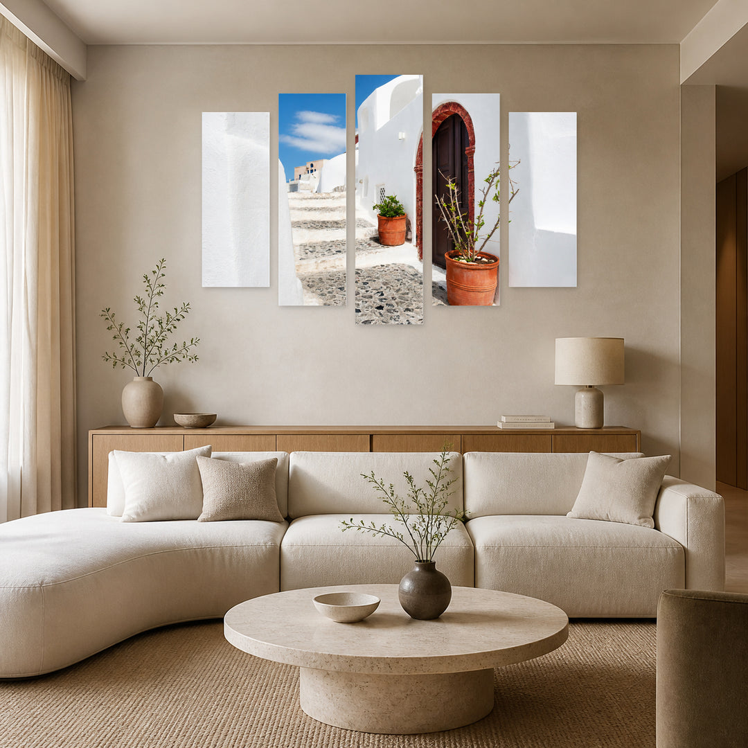 White Walls of Santorini Island with Geometric Rhythm — five-panel wall art in frontal interior | 5wallart 52607 M3