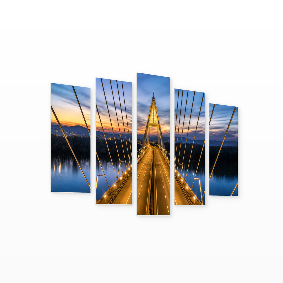 Megyeri Bridge in Blue and Gold — five-panel wall art on white background in perspective | 5wallart 52609 M1
