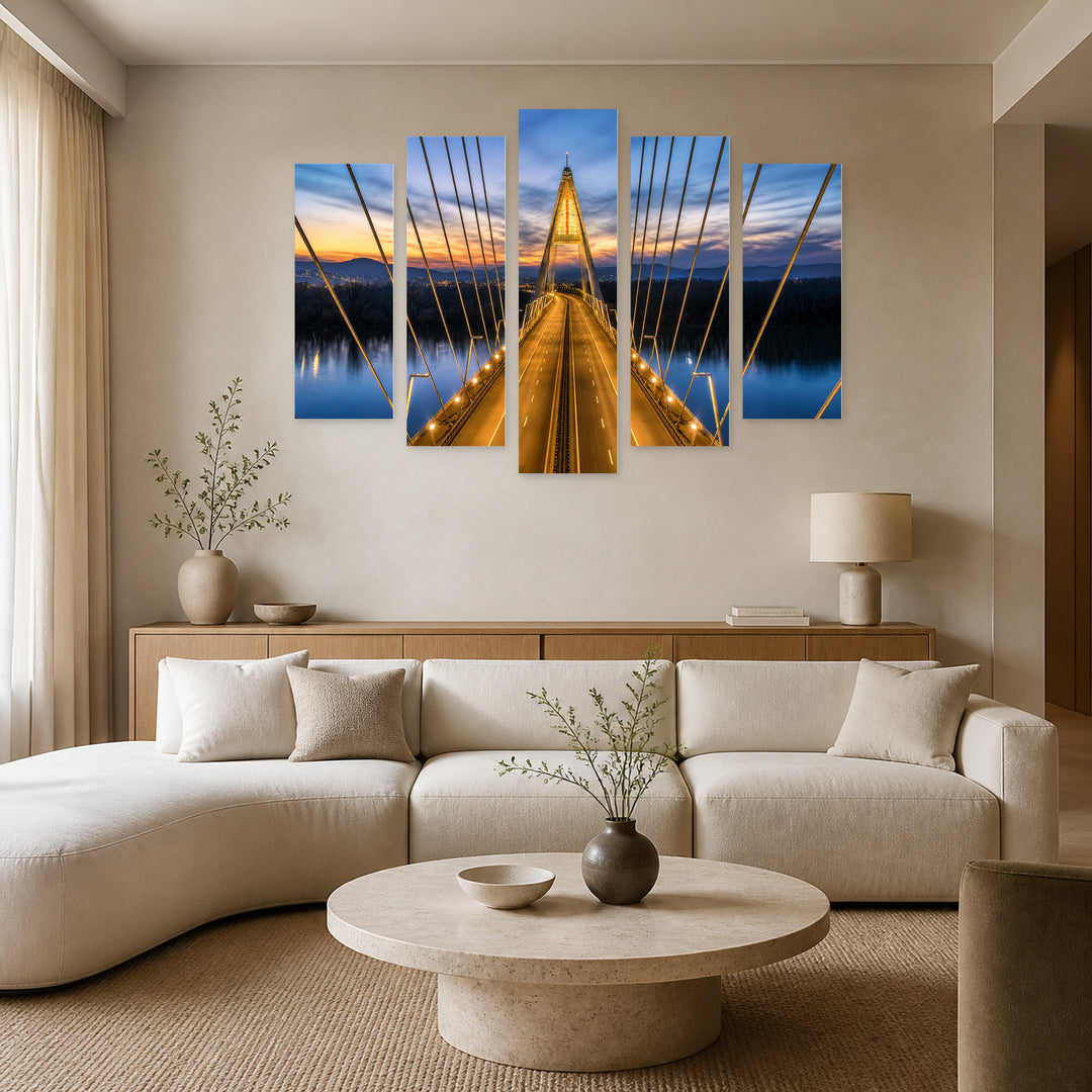 Megyeri Bridge in Blue and Gold — five-panel wall art in frontal interior | 5wallart 52609 M3