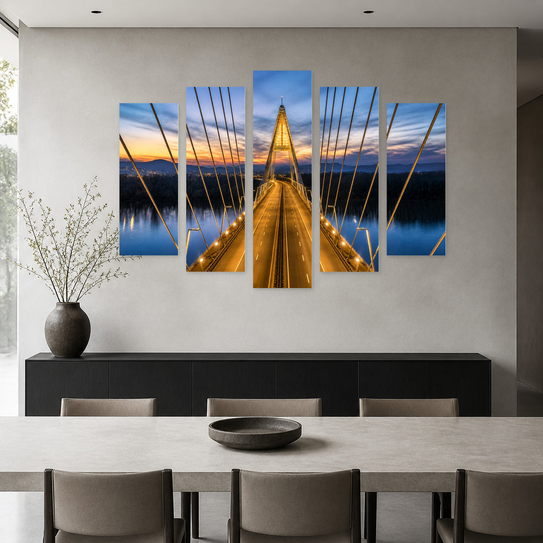 Megyeri Bridge in Blue and Gold — five-panel wall art in alternate frontal interior | 5wallart 52609 M4
