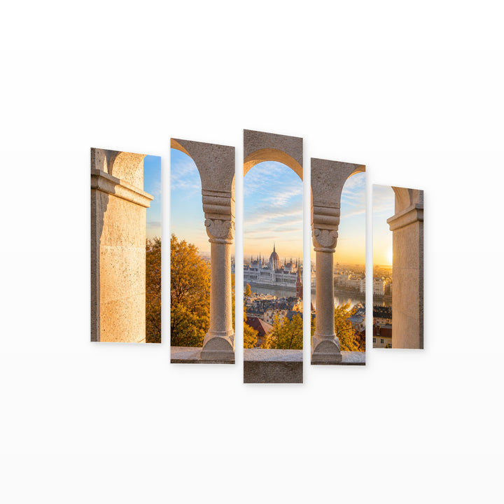 Bastion at Sunrise in Serene Light — five-panel wall art on white background in perspective | 5wallart 52610 M1