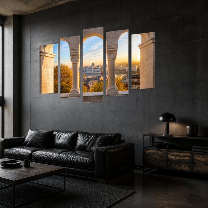 Bastion at Sunrise in Serene Light — five-panel wall art in perspective interior | 5wallart 52610 M2