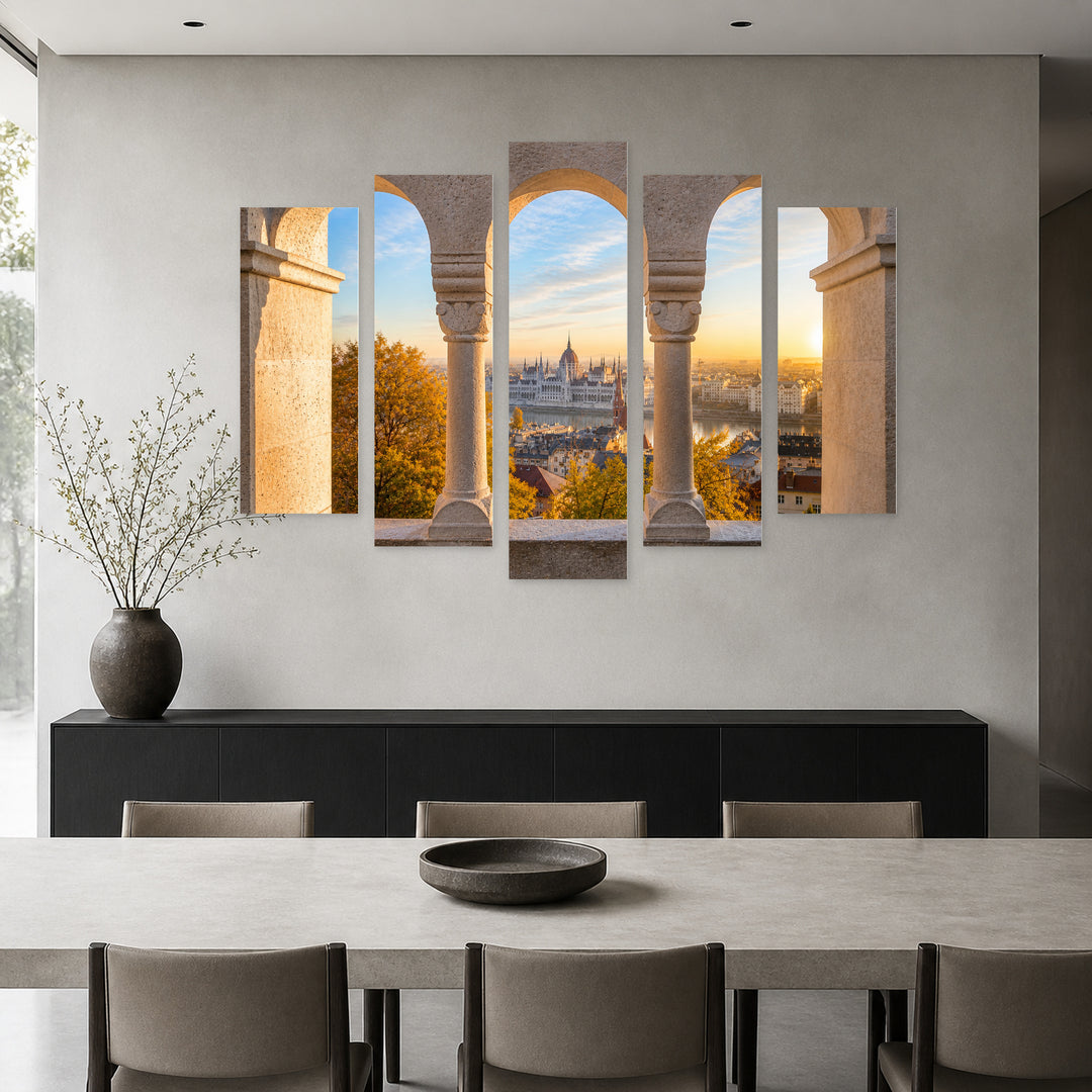 Bastion at Sunrise in Serene Light — five-panel wall art in frontal interior | 5wallart 52610 M3