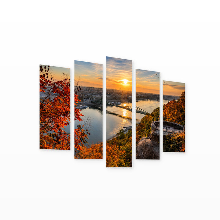 Sunrise over the River in Serene Light — five-panel wall art on white background in perspective | 5wallart 52611 M1