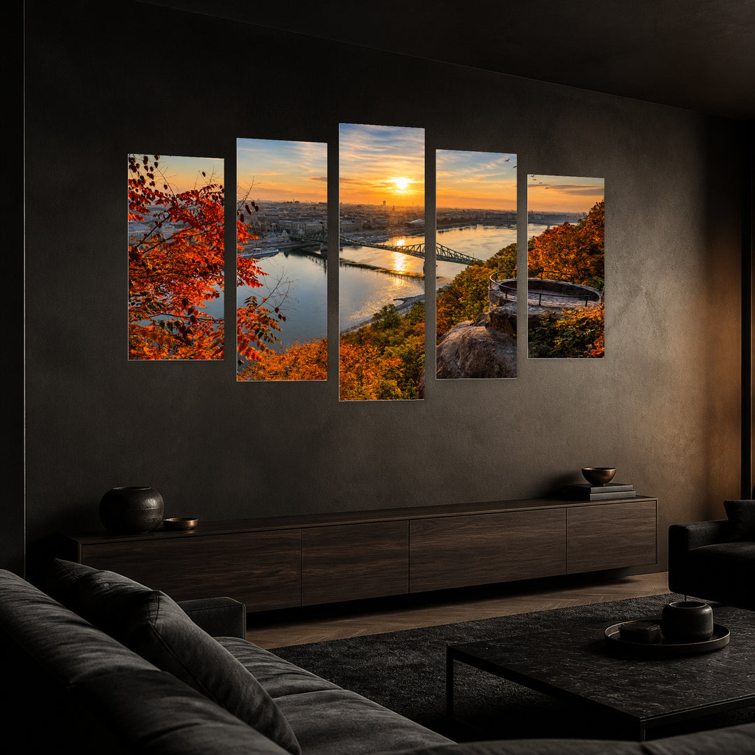 Sunrise over the River in Serene Light — five-panel wall art in perspective interior | 5wallart 52611 M2