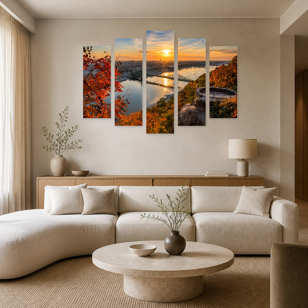 Sunrise over the River in Serene Light — five-panel wall art in frontal interior | 5wallart 52611 M3