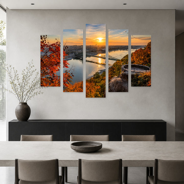 Sunrise over the River in Serene Light — five-panel wall art in alternate frontal interior | 5wallart 52611 M4