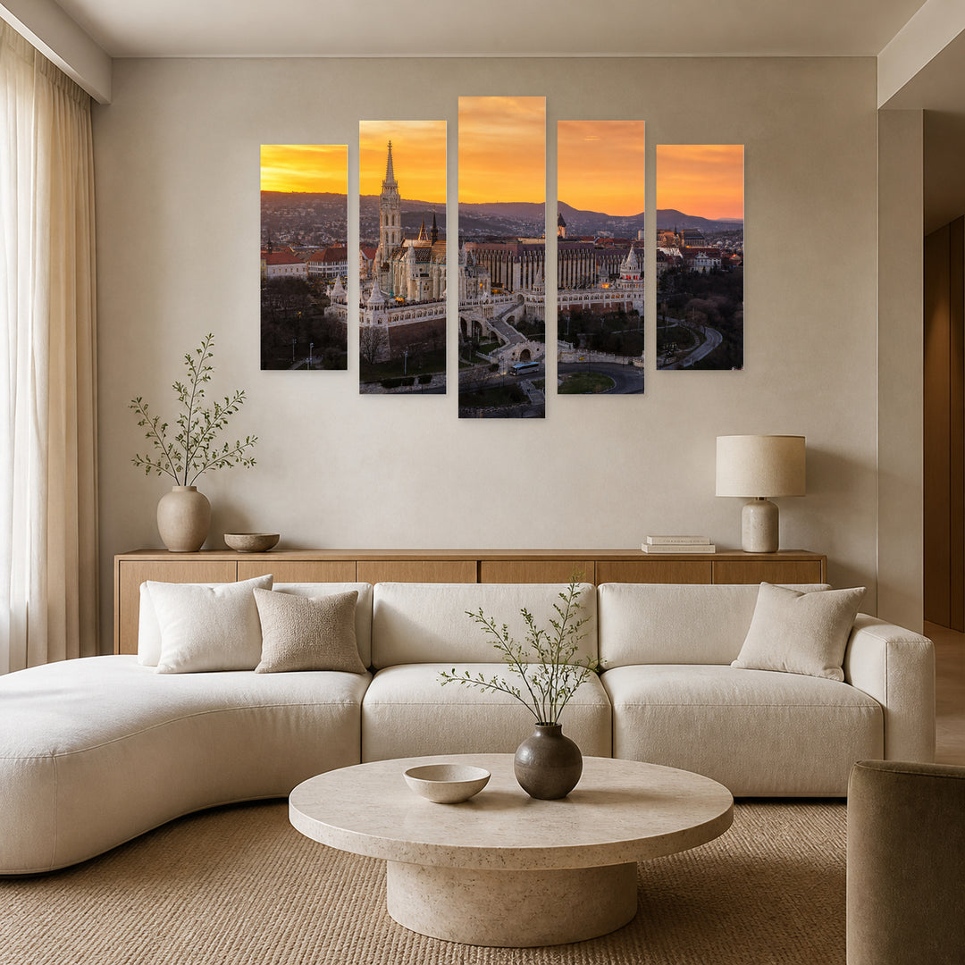 Golden Golden Sunset — five-panel wall art in alternate frontal interior | 5wallart 52612 M4